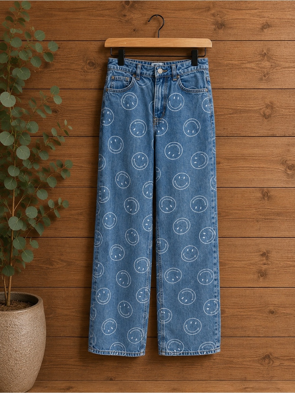 Smiley x H&M smiley‎ Face Wide Leg Straight Leg Smiley Face denim Jeans Size 0